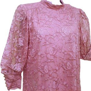 80s Blair Boutique Lace Shift Dress -16 Wide 5-Button Cuff Keyhole Mockneck Pink